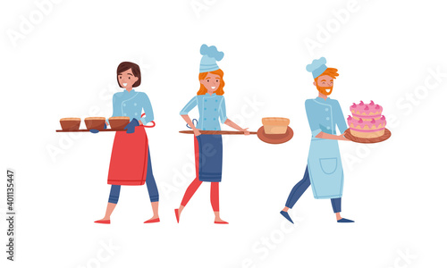Smiling Man and Woman Baking Bread and Making Confections Vector Illustration Set