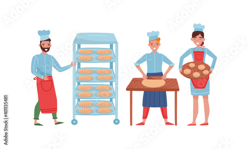Smiling Man and Woman Baking Bread and Making Confections Vector Illustration Set
