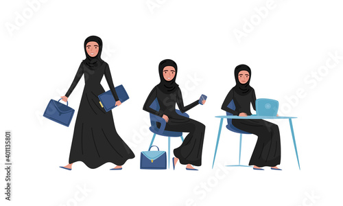 Muslim Business Woman in Traditional Hijab Engaged in Working Process Vector Illustration Set