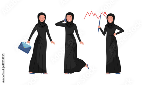 Muslim Business Woman in Traditional Hijab Engaged in Working Process Vector Illustration Set