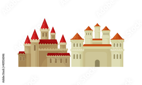 Stone Castle with Tall Towers and Walls as Fortified Middle Age Stone Structure Vector Set