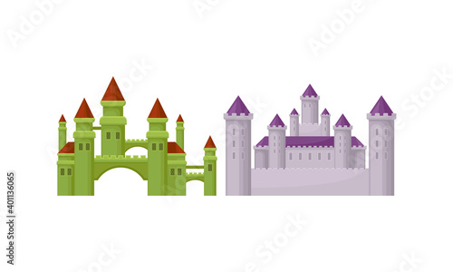 Stone Castle with Tall Towers and Walls as Fortified Middle Age Stone Structure Vector Set