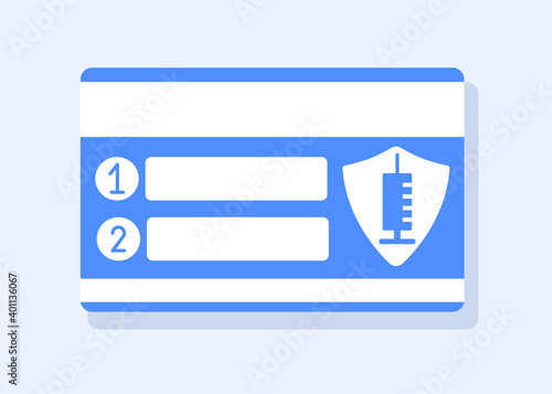 Coronavirus vaccination, immunization passport card for double dose injection. Reminder about second shot of vaccine in week, month. String for name, date of doctor's visit. Vector flat illustration