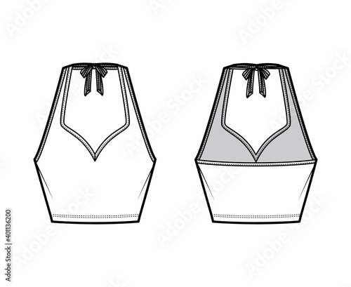 Tank halter sweetheart neck Crop top technical fashion illustration with bow, slim fit, waist length. Flat apparel outwear template front, back, white color. Women men unisex CAD mockup