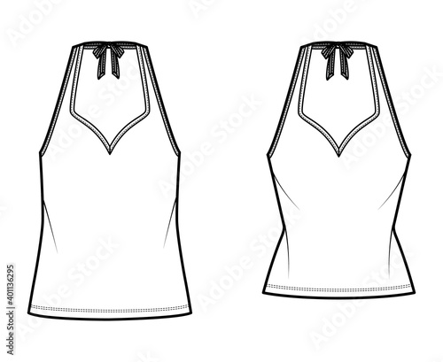 Set of Tanks halter sweetheart neck tops technical fashion illustration with bow, slim, oversized fit, waist length. Flat apparel outwear template front white color. Women men unisex CAD mockup