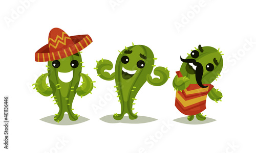 Cheerful Green Cactus Character Wearing Sombrero Hat and Moustache Vector Set