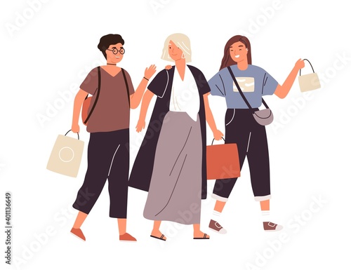 Group of happy female friends shopping vector flat illustration. Smiling woman buyers with packages walking and talking. Girlfriends spending time together isolated on white background
