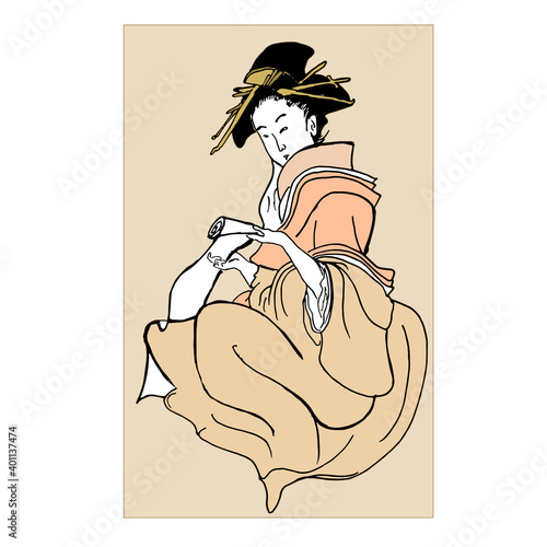 Japanese geisha girl and oriental art, illustration in style of traditional old japanese engraving. Japan traditional culture. Vintage paiting, female in kimono.