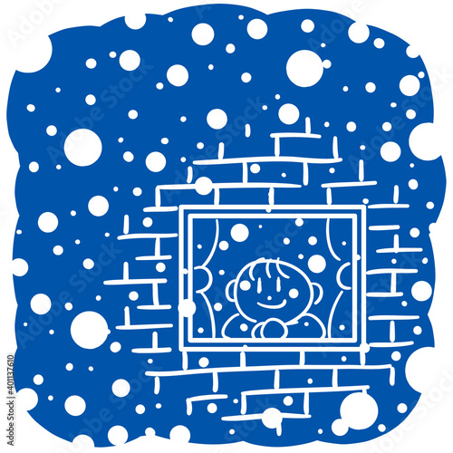 雪の日の窓辺の男の子のベクターイラスト