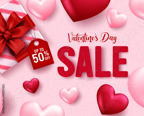 Valentines sale promo vector background design. Valentine's day sale with valentine gift with price tag up to 50% off and heart element for valentine's special offer promotion. Vector illustration 