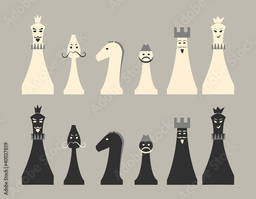 Set of funny smiling characters for chess figures in flat style as mascots for kids education class. King, queen, bishop, knight, rook castle, pawn. Isolated on neutlal background. Minimalist style.
