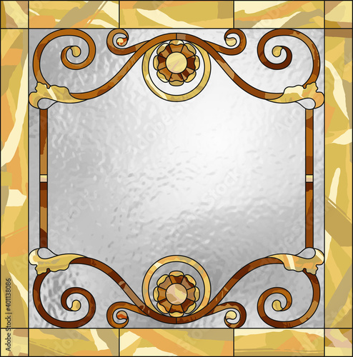 Ceiling panels stained glass window. Abstract Flower, swirls and leaves in square frame, geometric ornament, tiffany technique, classic style. Vector