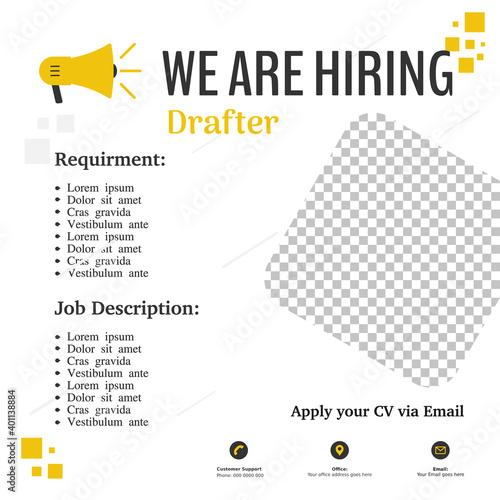 Job recruitment drafter design for companies. Square social media post layout. We are hiring banner, poster, background template