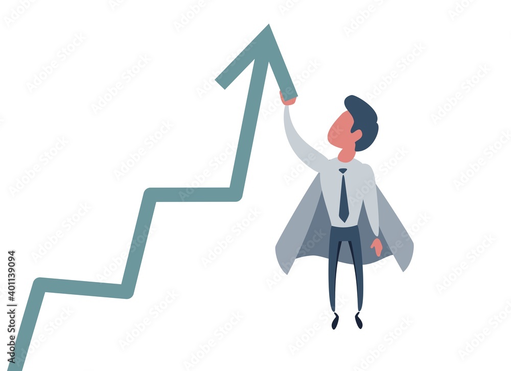 Business concept of a superhero businessman taking the graphic chart high up. Vector illustration, flat design, cartoon style, isolated background. Business concept of a superhero businessman taking the graphic chart high up. Vector illustration, flat design, cartoon style, isolated background.