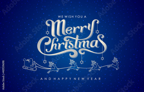 Merry christmas and happy christmas, Christmas greeting card font lettering with star spark pattern, Merry Christmas and Happy new year silver color with blue background for banner, flyer and printing