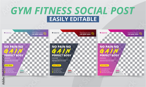 Fitness Gym Social Media Post Layout for Workout Club Membership Increasing Header, Tips & Offer Advertising Templates. Modern Geometric Sport & Bodybuilding Promo Social Media Square Web Banner.
