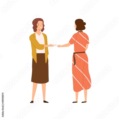 Woman hr giving business card to female vector flat illustration. Two person ...