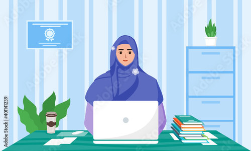 Smiling Female Muslim or Arab Work in IT Office Room with Stripe Wallpaper Background. Professional Woman in Hijab Typing in Front of Computer Laptop Character Flat Design Cartoon Illustration. 