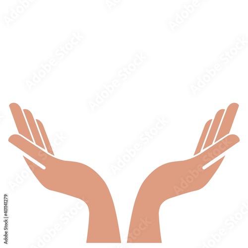  Raised hands vector concept.  Charity, votes, support, hope and peace. Vector human open hands isolated on white background.