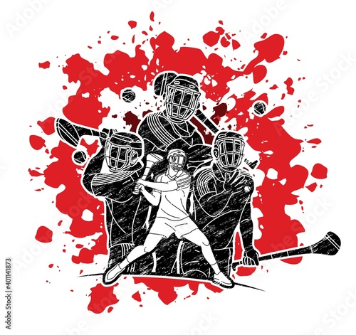 Group of Hurling sport players action. Irish Hurley sport cartoon graphic vector.