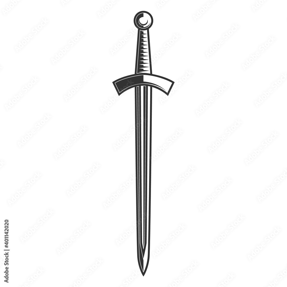 Illustration of medieval knight sword. Design element for poster, card, banner, sign. Vector illustration Illustration of medieval knight sword. Design element for poster, card, banner, sign. Vector illustration