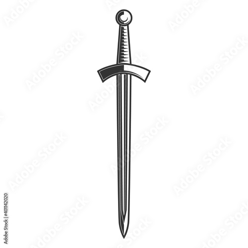 Illustration of medieval knight sword. Design element for poster, card, banner, sign. Vector illustration