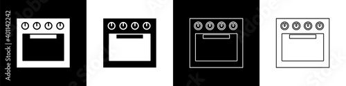 Set Oven icon isolated on black and white background. Stove gas oven sign. Vector.