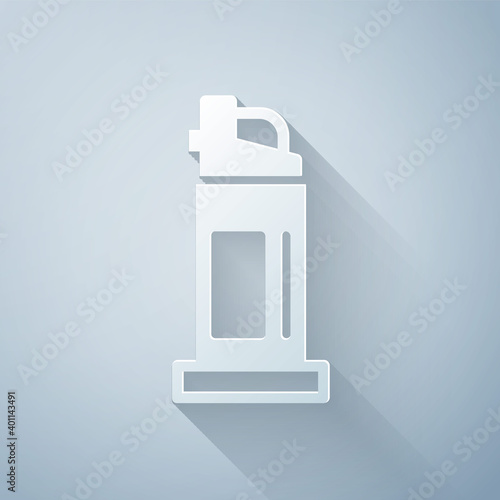 Paper cut Pepper spray icon isolated on grey background. OC gas. Capsicum self defense aerosol. Paper art style. Vector.
