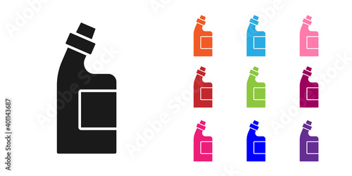 Black Plastic bottle for laundry detergent, bleach, dishwashing liquid or another cleaning agent icon isolated on white background. Set icons colorful. Vector.