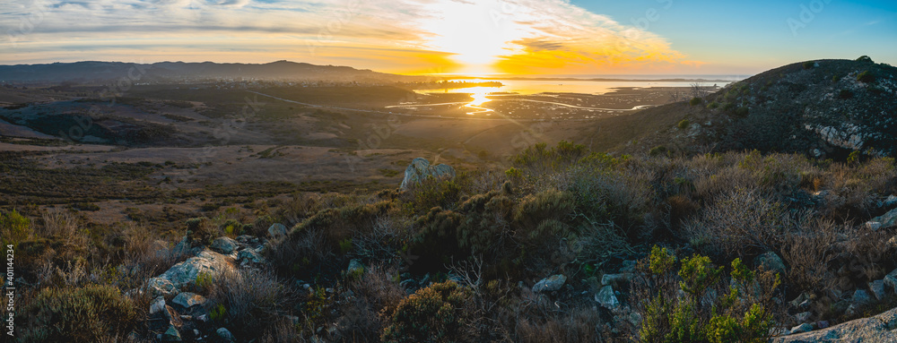 Sunset over the estuary in Morro Bay State Park, California Central Coast, panoramic view