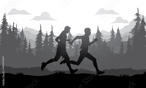 Running silhouettes. Vector illustration, Trail Running, Marathon runner.	