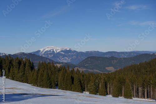 beautiful winter landscape with snow mountains and trees in the winter