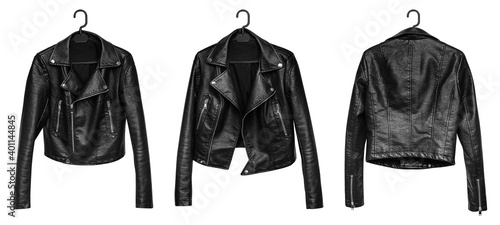 Woman leather jacket design concept on hanger holding in hand front view isolated on white background