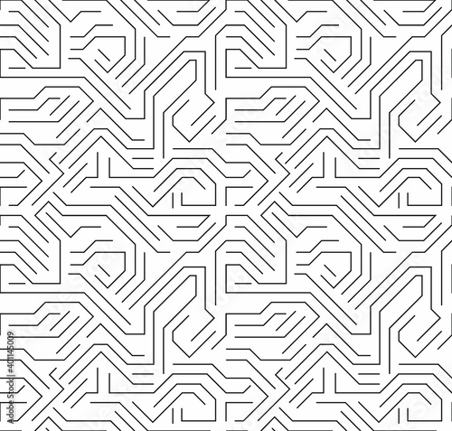 Seamless hi-tech electronic monochrome pattern. Black and white outline circuit board. Vector background