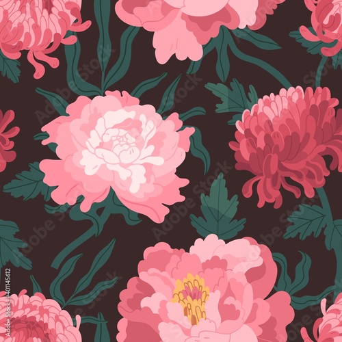 Beautiful pink japanese peonies and chrysanthemum seamless pattern. Elegant wallpaper template with blooming garden flowers, leaves and stems vector illustration. Floral decorative background