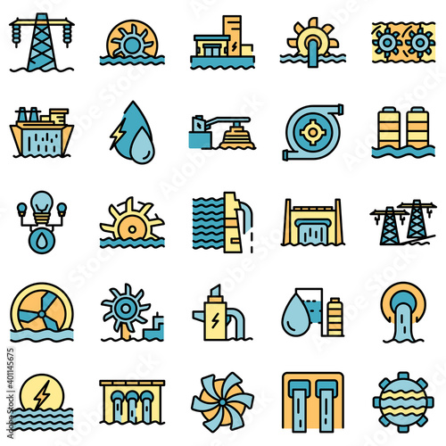 Hydro power icons set. Outline set of hydro power vector icons thin line color flat on white