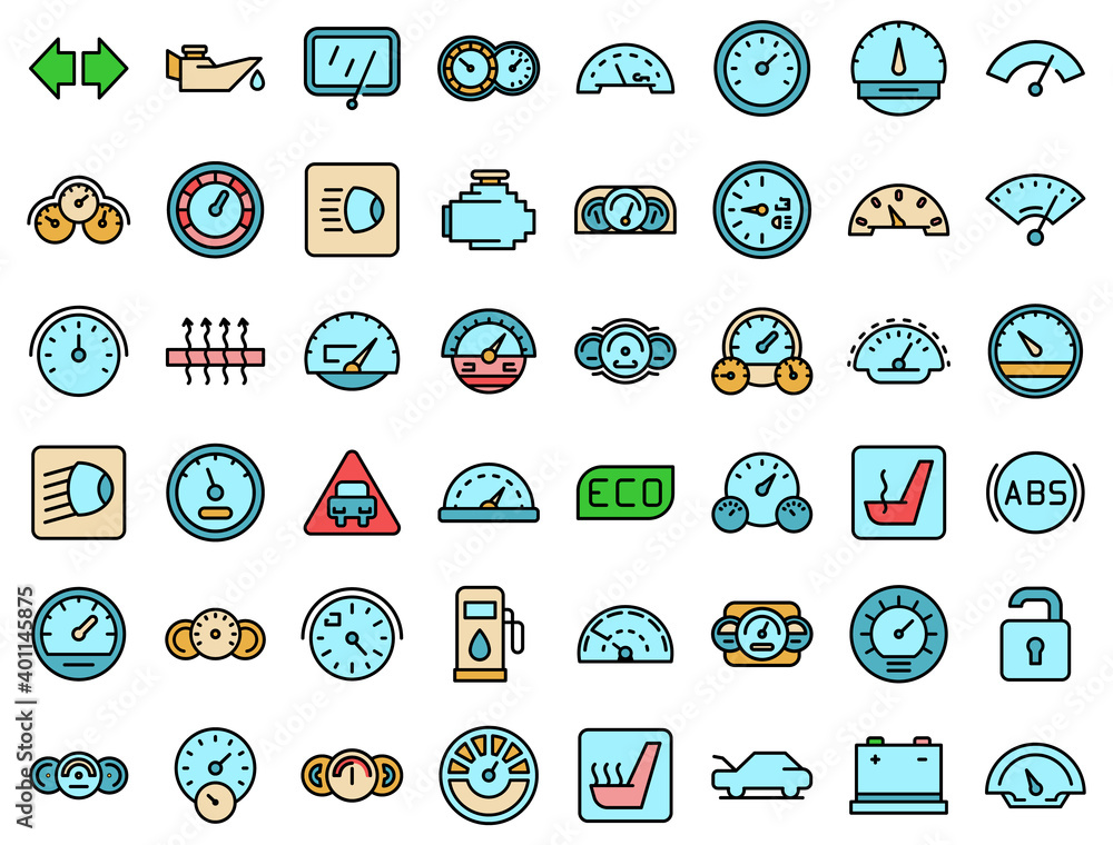 Car dashboard icons set. Outline set of car dashboard vector icons thin line color flat on white Car dashboard icons set. Outline set of car dashboard vector icons thin line color flat on white