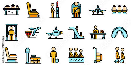 Airline passengers icons set. Outline set of airline passengers vector icons thin line color flat on white