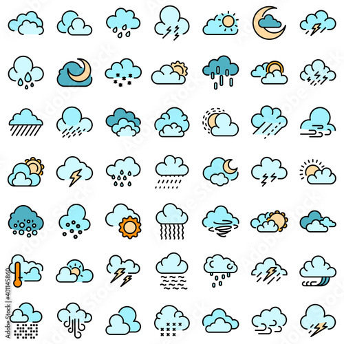 Cloudy weather icons set. Outline set of cloudy weather vector icons thin line color flat on white