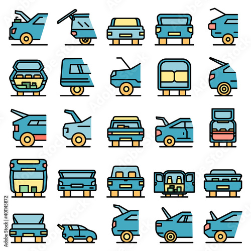 Trunk car icons set. Outline set of trunk car vector icons thin line color flat on white