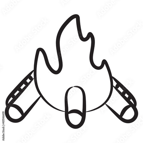 
Campfire, wood logs with fire flame icon in doodle design.
