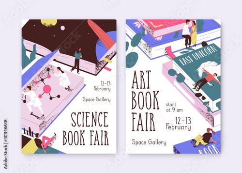 Set of posters for science and art book fair vector illustration. Promo templates with tiny people and giant textbooks. Placard for literary event, literature festival with a place for text