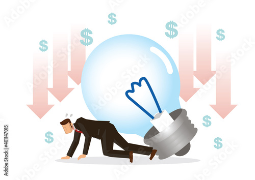 Worried businessman with a empty light bulb crashing on him. Concept of no idea for his company.