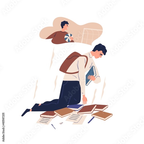 Upset guy dreaming to play football instead of studying. Exhausted teenager suffering for doing homework vector flat illustration. Depressed teen with books isolated. Concept of stress and tiredness