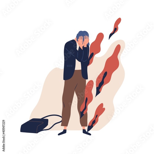 Despaired teenager feeling shame and hopelessness. Depressed man in stressful situation vector flat illustration. Crying male character suffers from bullying. Concept of failure, psychological problem