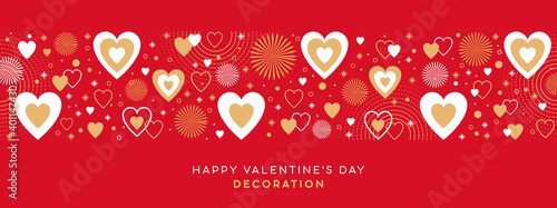 Valentines Day festive design with border made of beautiful hearts and sparkles in modern flat line art style. Bright red background with hearts. Romantic decoration for Valentines day or wedding