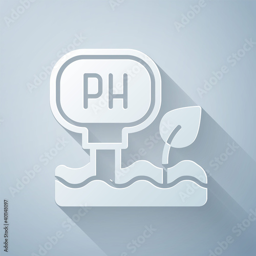 Paper cut Soil ph testing icon isolated on grey background. PH earth test. Paper art style. Vector.