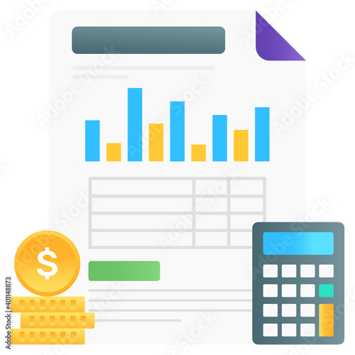 
Calculator with financial budgeting sheet, flat gradient vector of business statement 
