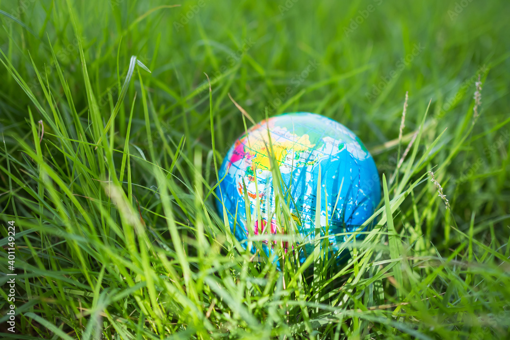 Soft focus image of earth on grass with blur image background. Environmental conservation Earth Day concept. Soft focus image of earth on grass with blur image background. Environmental conservation Earth Day concept.