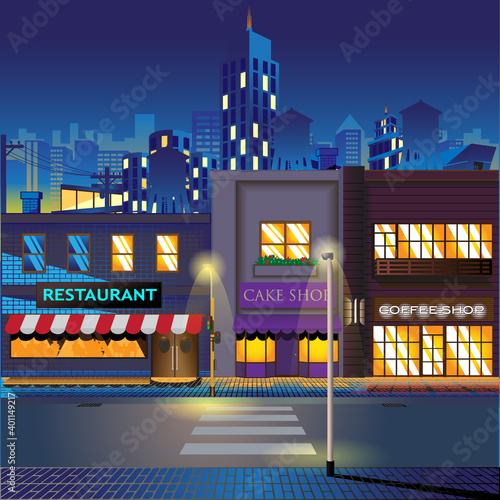 Modern city street at night vector with restaurant cake shop and coffee house storefronts under illuminated skyscraper skyline